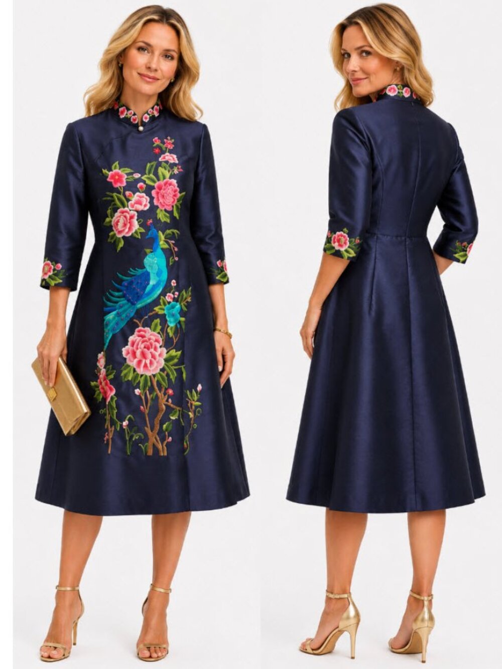Navy Embroidered Peacock Floral Midi Dress Mandarin Collar US M Sheen